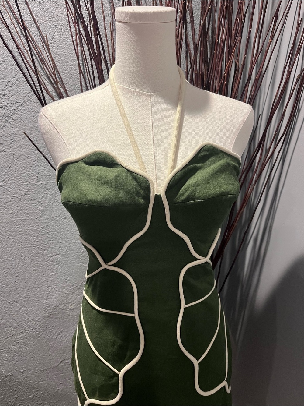 🌺FARM RIO GREEN WAVY HALTER NECK MINI DRESS LINEN BLEND SIZE XXS🌺 - Picture 3 of 9